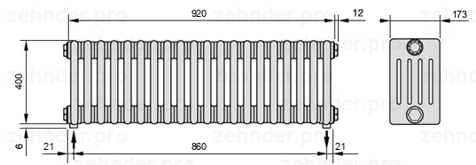 Схема (чертеж) Радиатор Zehnder Charleston 5040/20 №5310 Белый глянцевый RAL 9016